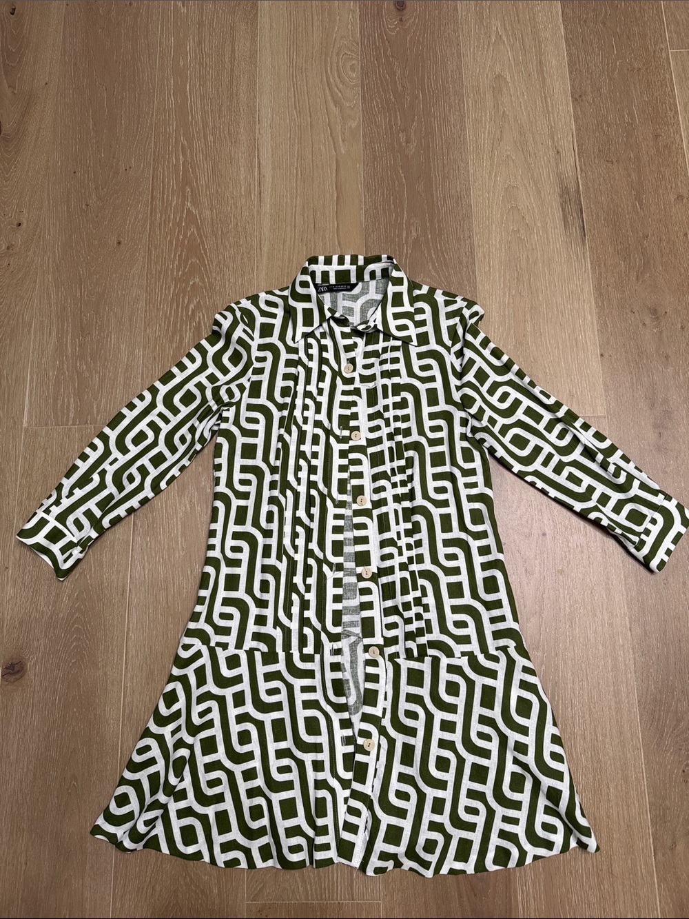 Zara Olive Green and White Geometric Shirt Dress